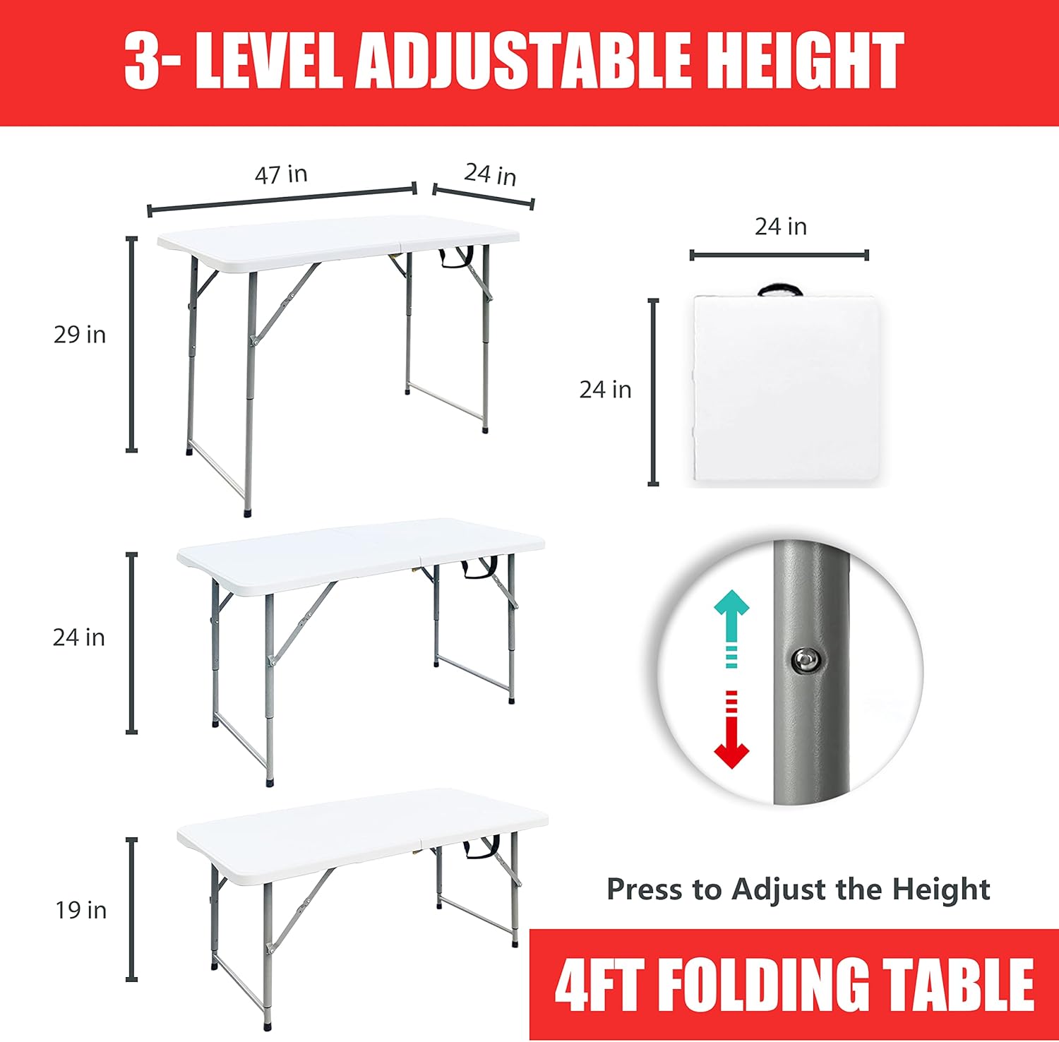 JingPieCle 4 Foot Folding Table Adjustable Height 4 ft Table Portable Plastic Dining Table Folding Utility Table 4ft Folding Card Table