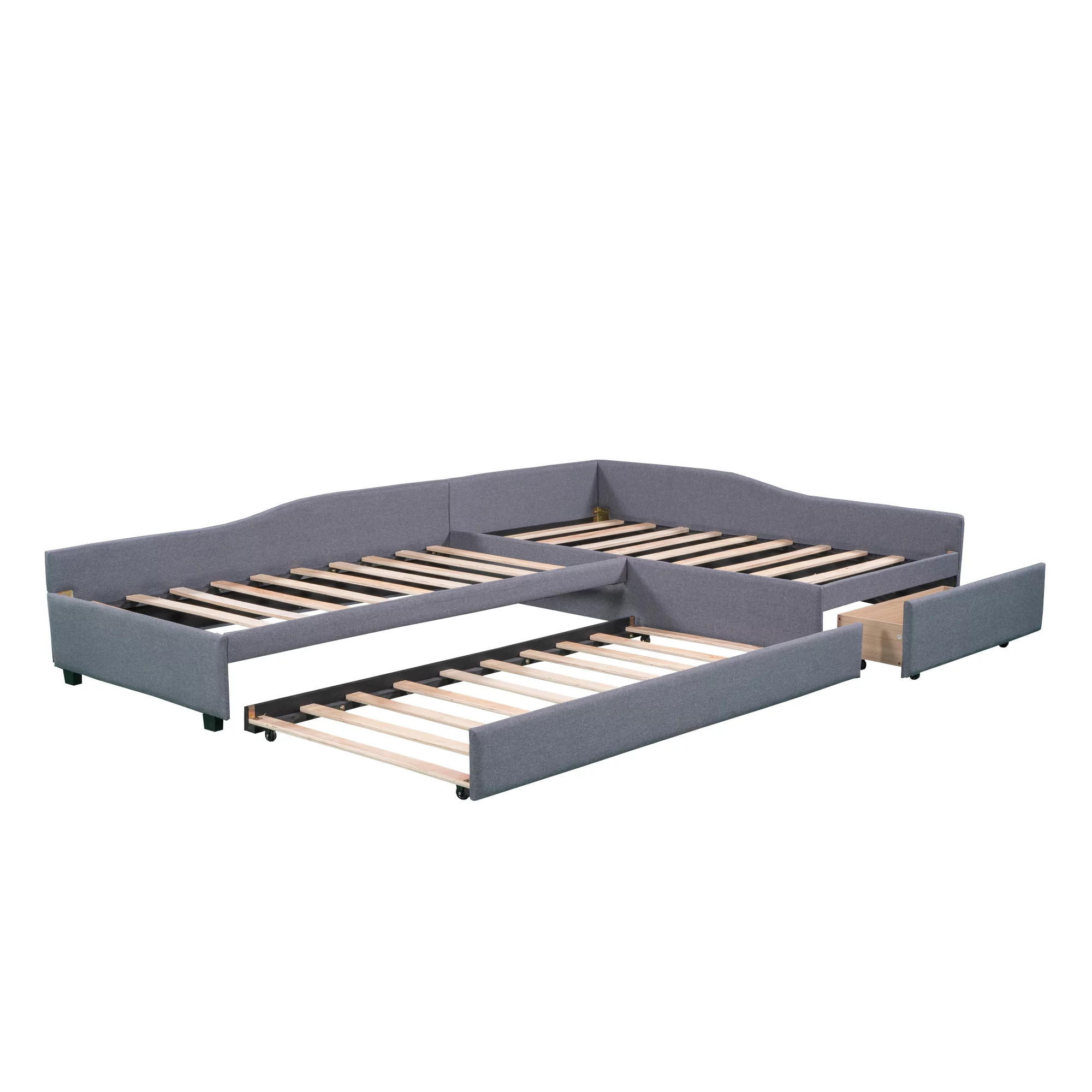 Bellemave L-Shaped Daybed with Trundle and Drawers, Double Twin Size Upholstered Sofa Bed with Storage, Twin Daybed Frame for Kids, Teens & Adults