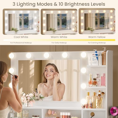 Vanity Desk with Mirror and Lights, Makeup Vanity with Storage Drawer, Power Outlet and Large Cabinet for Bedroom - White