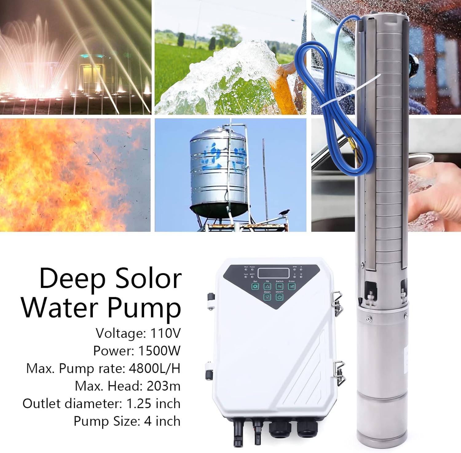 Solar Water Pump Solar Pool Pump with MPPT Controller Solar Well Pump Kit Powered Water Pump 1500W Stainless Steel Deep Well Submersible Pump for