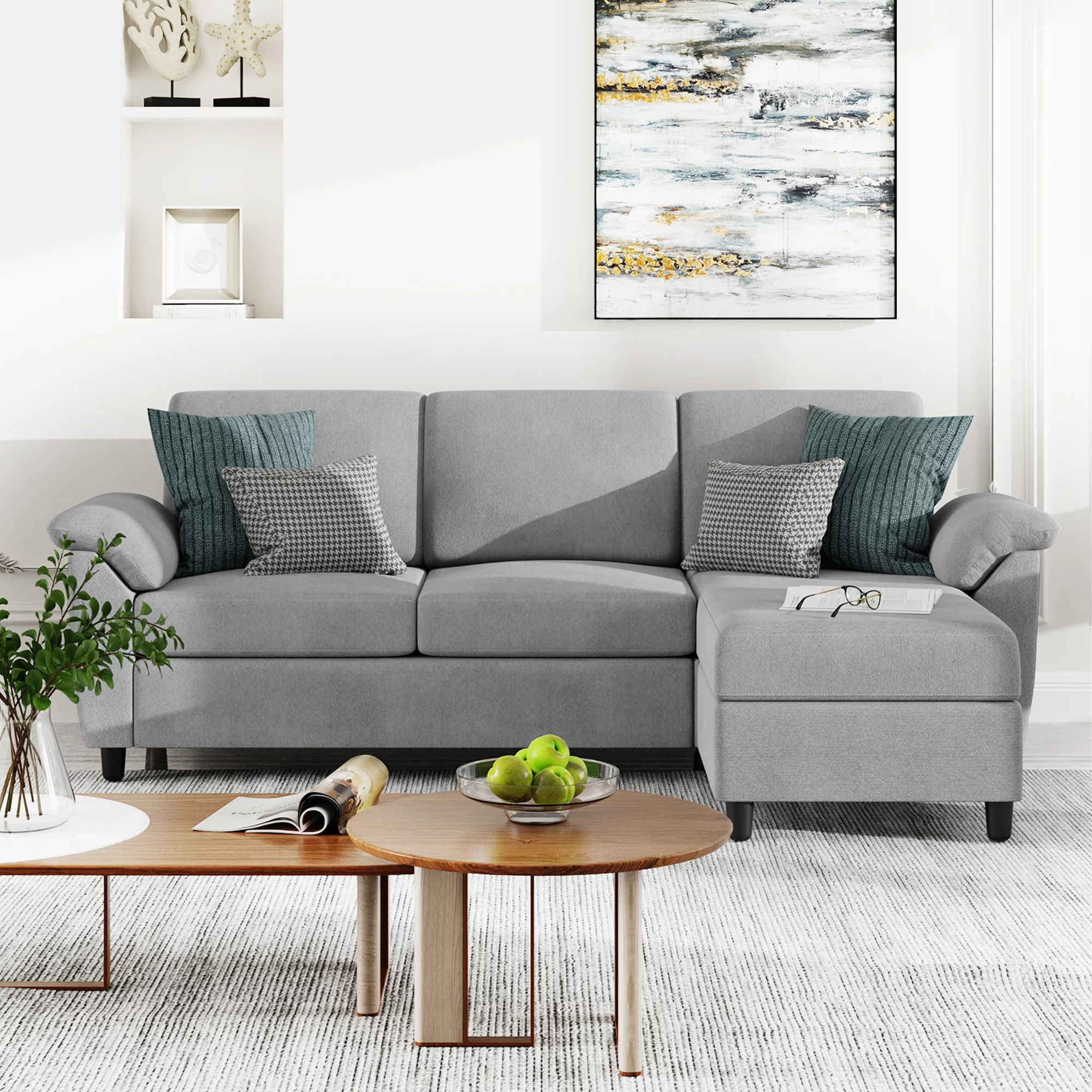 Walsunny 79 Convertible Sectional Sofa Couch,Linen Fabric L Shaped Sofa with Removable Pillows Dark Gray