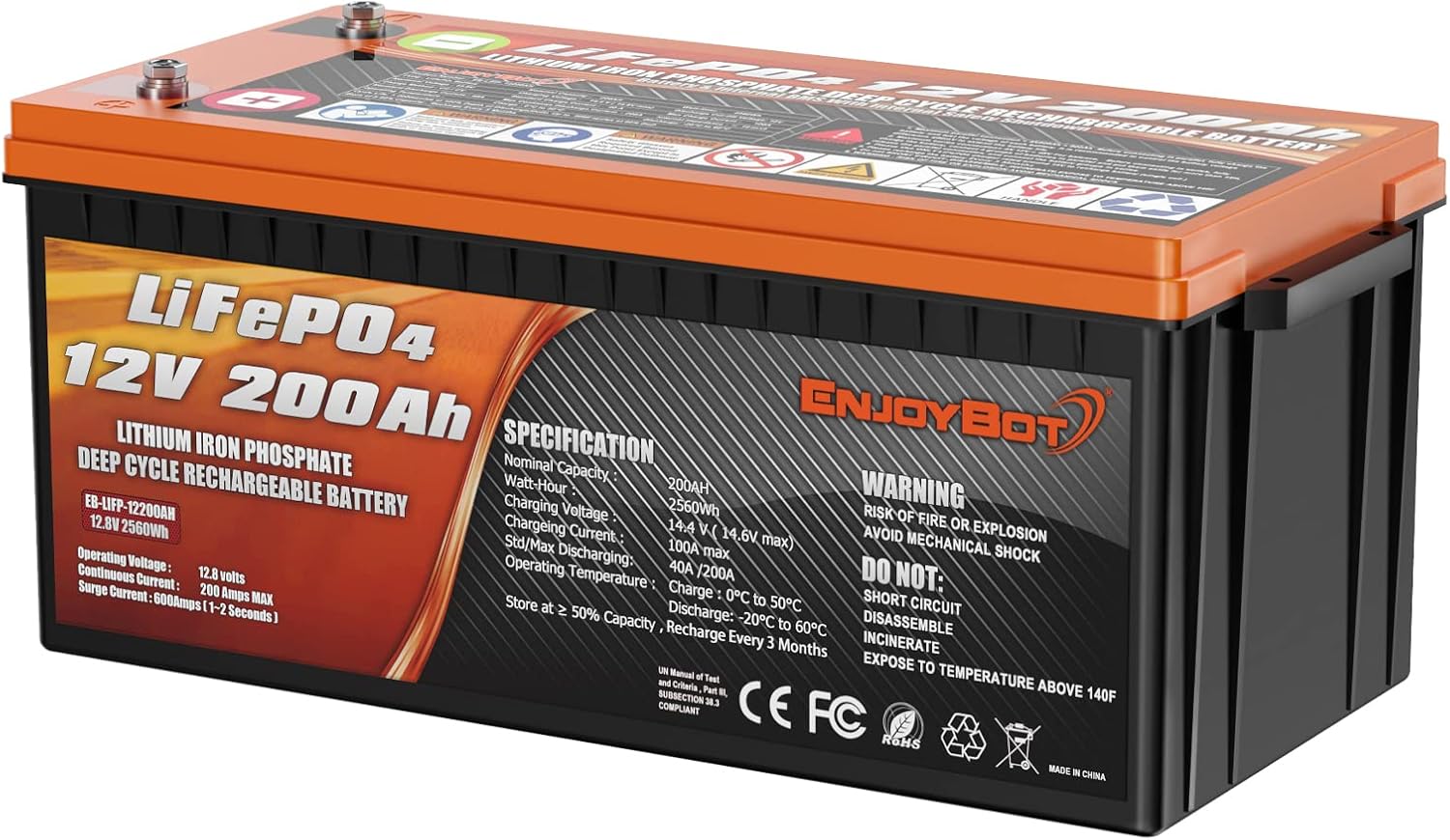 Enjoybot Deep Cycle Battery LiFePO4 12V 300Ah, Built-in 200A BMS, Lithium Iron Phosphate Battery for Solar RV Marine Camping