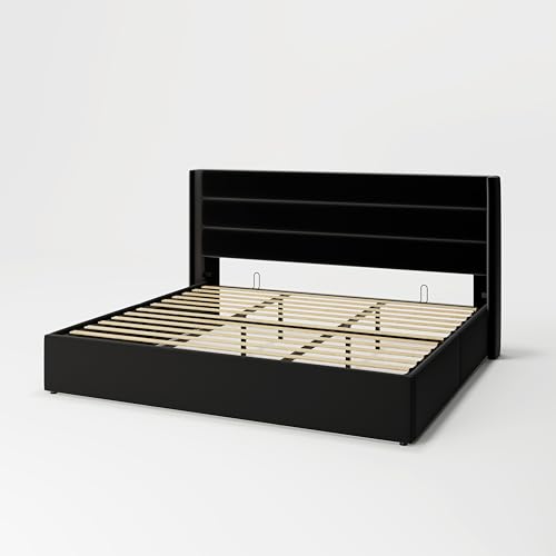 Allewie Full Size Lift Up Storage Bed, Modern Wingback Headboard, Hydraulic Support, No Box Spring Needed, Light Beige
