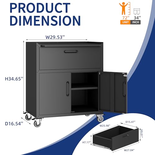 Metal Garage Storage Cabinet with Wheels,Locking Rolling Tool Cabinet with Drawers and Shelves for Home, Office, Garage & Workshop