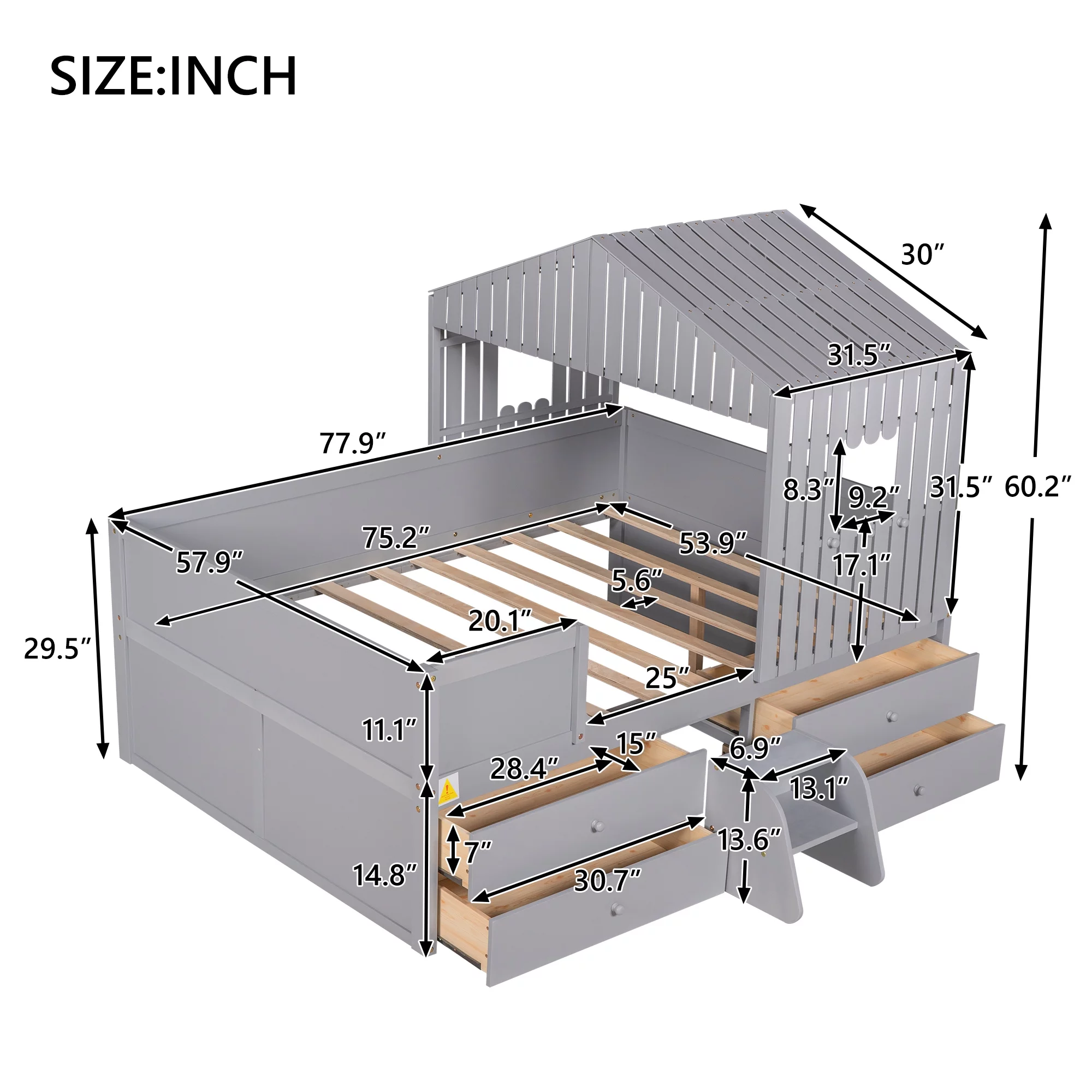Full Size House Low Loft Bed with Four Drawers,Gray