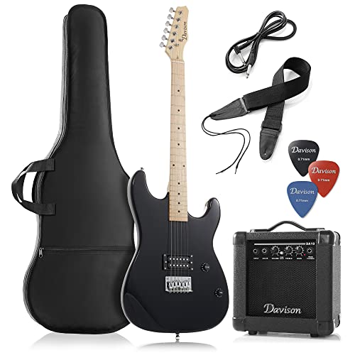 Davison Guitars Full Size Electric Guitar with 10-Watt Amp, Black - Right Handed Beginner Kit with Gig Bag and Accessories