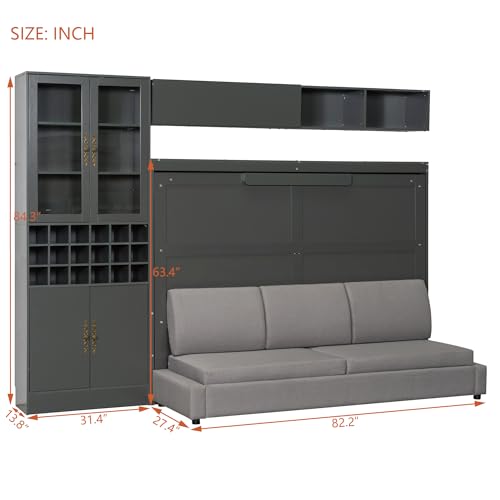 MERITLINE Queen Murphy Bed with Couch and Storage Shelves,Charging Station& LED Light