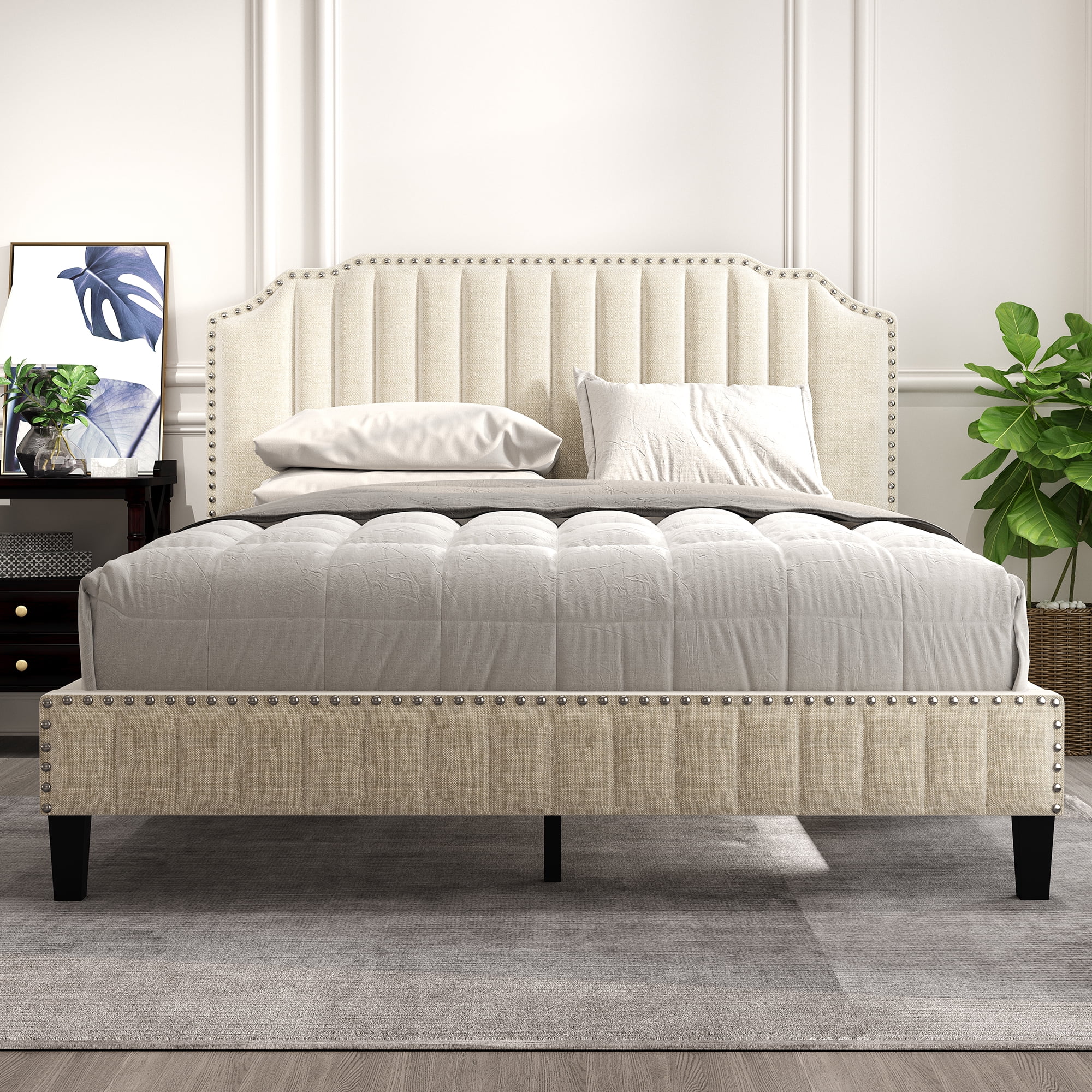 Inofia Modern Linen Curved Upholstered Platform Bed , Solid Wood Frame , Nailhead Trim, Beige (Queen) - Radiant Selections