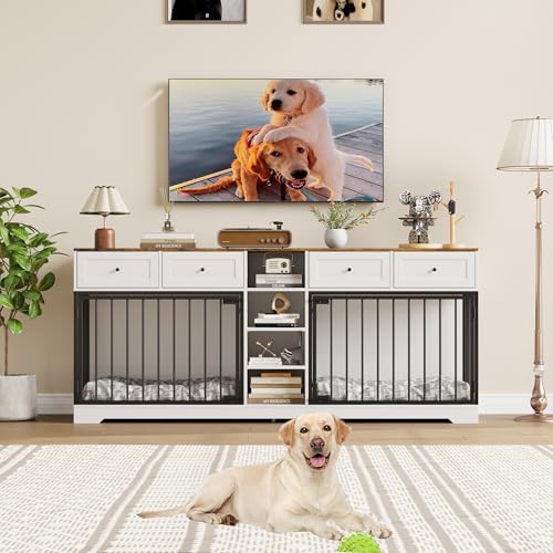 IDEALHOUSE 82” Large Dog Crate for 2 Dogs, Dog Kennel Indoor with 4 Drawers and Shelves, Double Dog Crate Furniture TV Stand