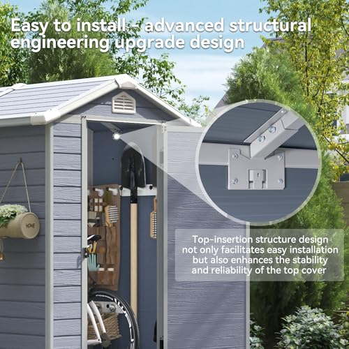 Aoxun Outdoor Storage Shed 5 x 3FT, Resin Shed with Floor and Lockable Door, Plastic Sheds for Garbage Can, Tool, Accessories, Lawn, Garden - Grey