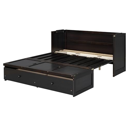 Queen Size Murphy Bed with Drawers and Charging Station Wood Murphy Wall Cabinet Bed with Storage for Saving Space, Espresso