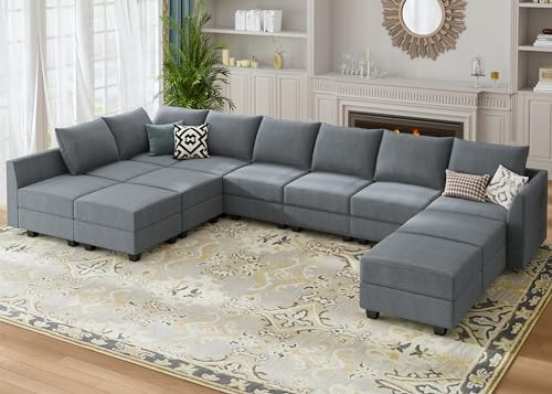 HONBAY Modular Sofa Sectional Sleeper Couch with Ottomans Reversible Sleeper Sectional Sofa Modular Couch with Storage, Aqua Blue