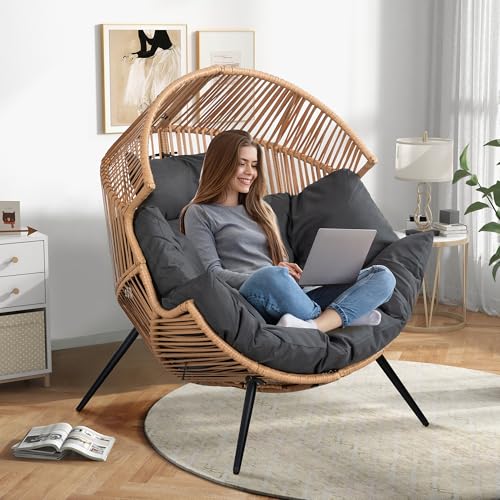 Shintenchi Wicker Egg Chair Outdoor Rattan Patio Chair with Cushion,Oversized Patio Lounge Chairs with Cushion Egg Basket Chair