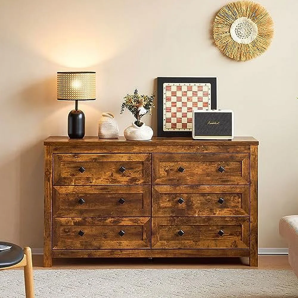 HOOMHIBIU 6 Drawers Dresser for Bedroom  Farmhouse Wood Chest of Drawers with Vintage Grain Texture  Drawer Double Dresser for Bedroom  Living Room