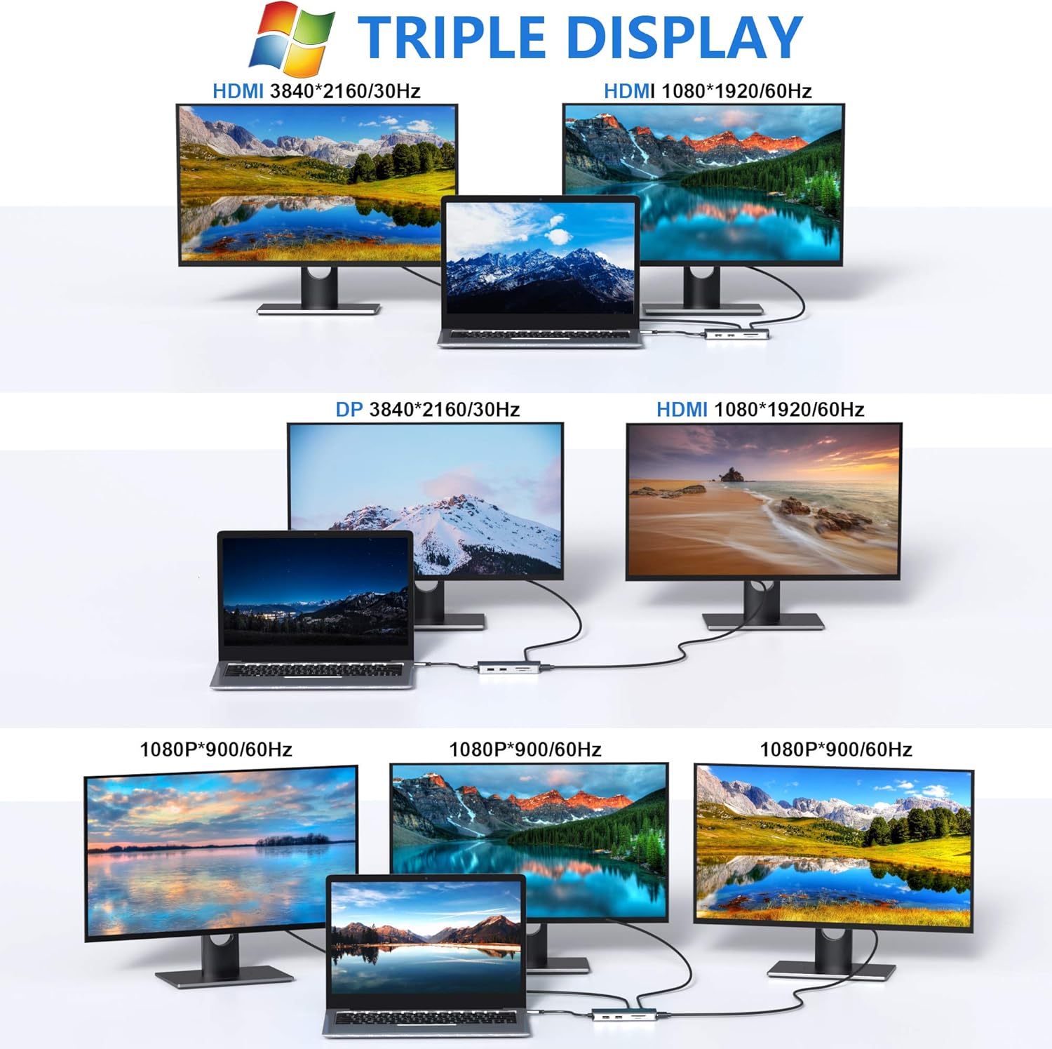 Docking Station, USB C Adapter Dual HDMI, 9 in 1 Triple Display Multiport Adapter Dongle with 2 HDMI 4K, DisplayPort, 3 USB, 100W PD