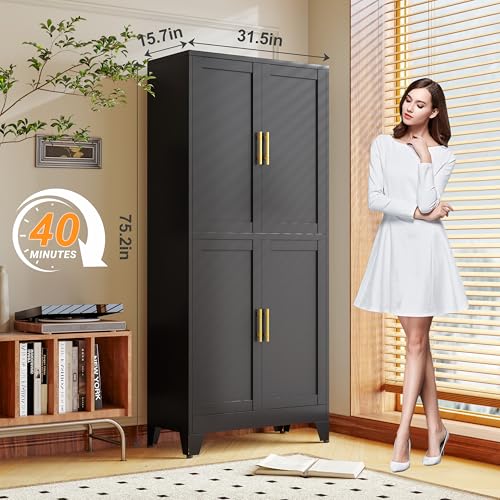 75.2" Tall Metal Pantry Cabinet, Storage Cabinets with 4 Door and 4 Adjustable Shelves, Black Kitchen Pantry Storage Cabinet