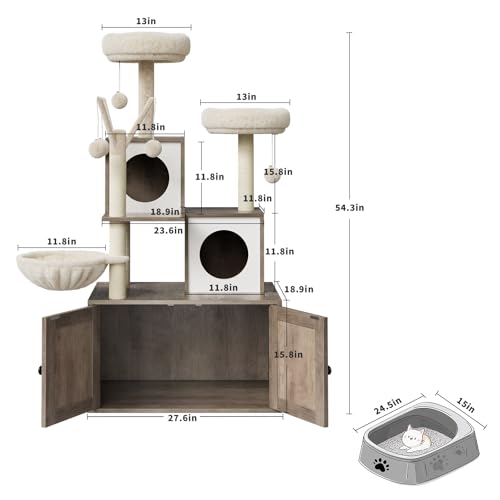57.5-Inch Cat Tree with Litter Box Enclosure 2-in-1 Modern Cat Tower with Cat Condo/Hammock/Scratching Post/Plush Perch/Removable Pompom Sticks/Caves