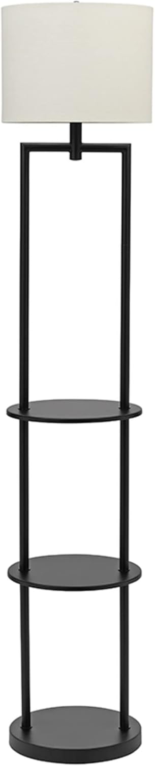 Catalina 19651-001 Mid-Century Modern Round Etagere Floor Lamp with Shelves and Linen Shade, 60", Black Classic