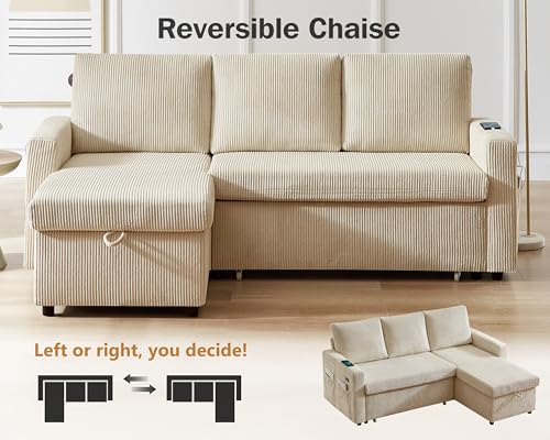 81" Sleeper Sofa Bed with Pull Out Bed, L Shaped Couch Sectional Sleeper Sofa, Pull Out Couch with Reclining Backrest, Reversible Storage Chaise