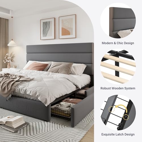 Allewie Modern Full Size Platform Bed Frame with 4 Storage Drawers and Velvet Upholstered Headboard, Wooden Slats Support