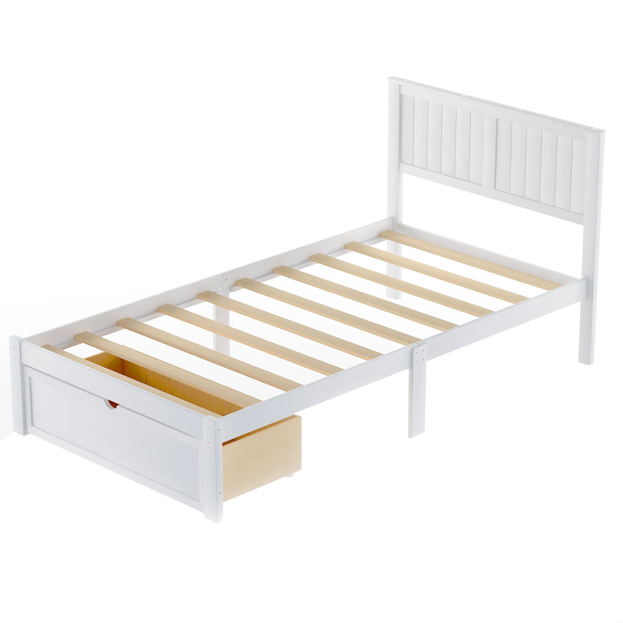 Twin Wood Platform Bed with Headboard & Big Storage Drawer for Kids, White