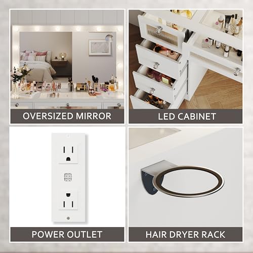 9 Drawers Makeup Vanity Desk with 36.9" Oversized Mirror and Lights, Vanity with Tempered Glass Top