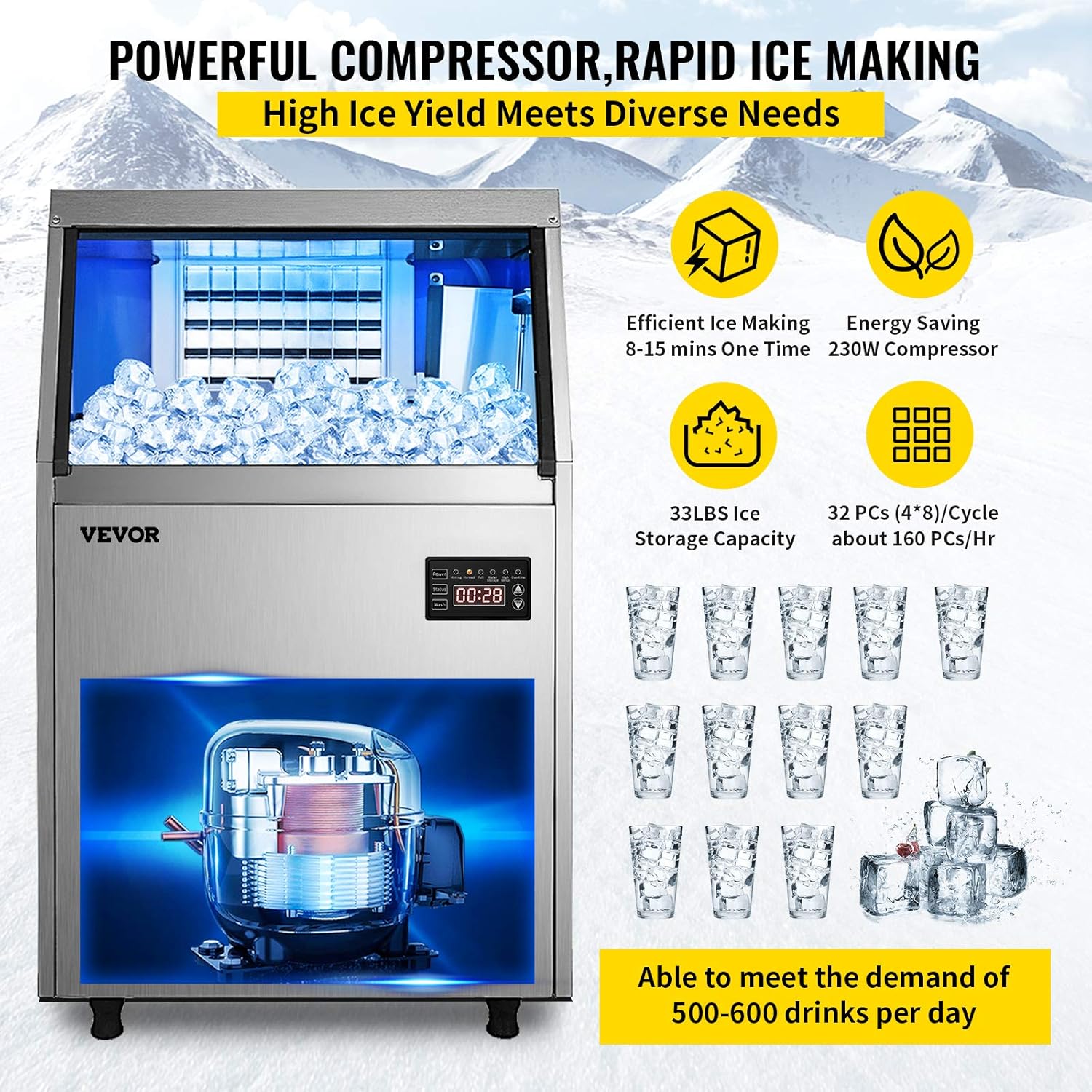 VEVOR 110V Commercial Ice Maker 80-90LBS/24H with 33LBS Bin, Full Heavy Duty Stainless Steel Construction, Automatic Operation