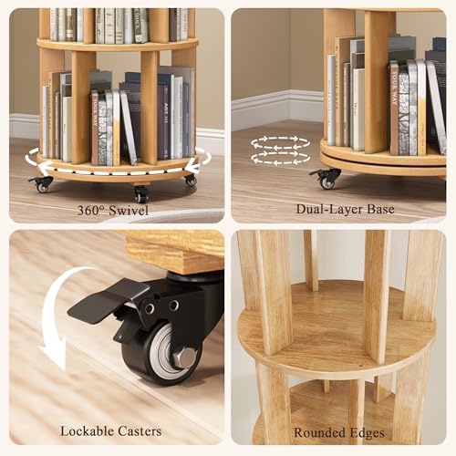 6 Tier Rotating Bookshelf Tower Spinning Bookshelf with Swivel Wheels Book Shelf Rotating Storage Tower for Kids Adult Narrow Walnut Solid Wood