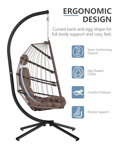 SWITTE Egg Chair Outdoor with Stand, Indoor Wicker Hanging Egg Swing Chair with Cushion, 350lbs Capacity for Patio, Bedroom, Garden - Gray