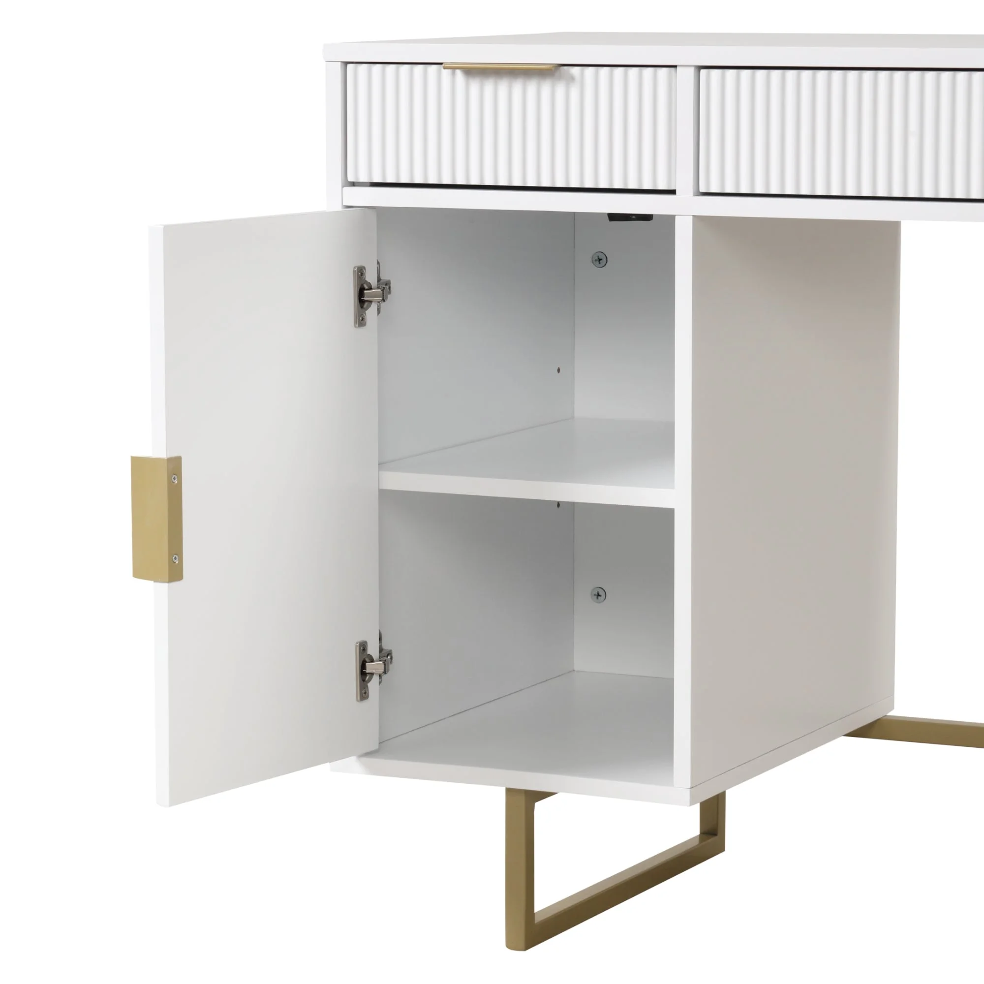 Nathan James Jacklyn White Modern Computer Desk, Workstation or Writing Desk for Small Spaces with Drawers and Cabinet Storage, White/Pale Gold