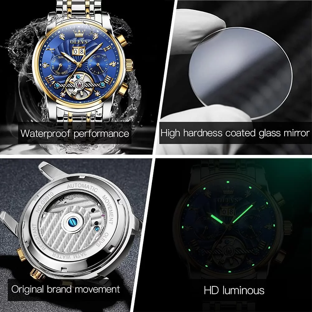 OLEVS Watch for Men Automatic Skeleton Tourbillon Mechanical Self Winding Business Luxury Dual Calendar Stainless Steel Luminous Waterproof Man Wrist