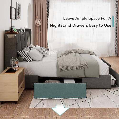iPormis Queen Bed Frame with 4 Storage Drawers, Upholstered Platform Bed Frame with Charging Station, Modern Wingback Storage Headboard
