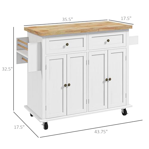 HOMCOM Kitchen Island on Wheels, Rolling Cart with Rubberwood Top, Spice Rack, Towel Rack and Drawers for Dining Room, Navy Blue