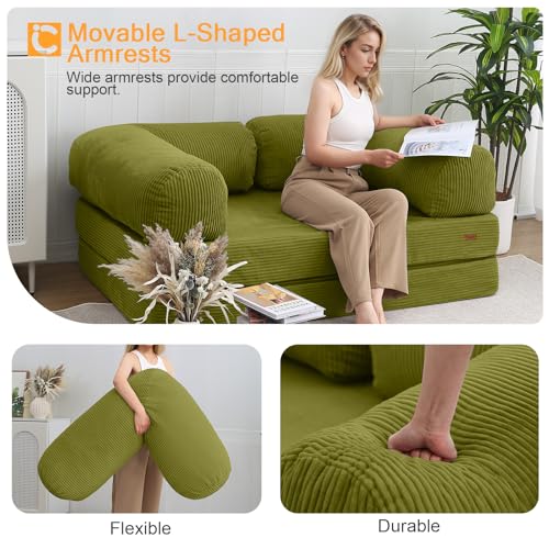 COMAX Folding Sofa Bed, Convertible Chair Bed Corduroy 3-in-1 Foldable Floor Couch with High-Density Foam, Futon Sofa Sleeper Mattress
