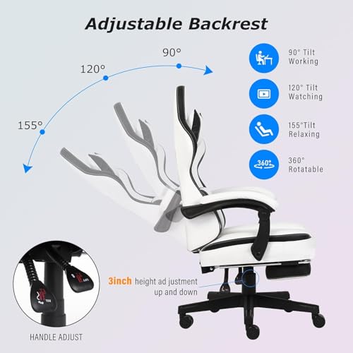Gaming Chair, Computer Office Chair with Footrest, Linkage Armrests and Lumbar Support, High Back Ergonomic Gamer Chairs for Adults, Blue Fabric