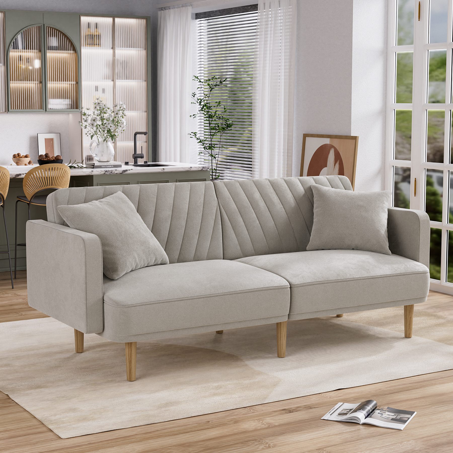 Rophefx Upholstered Tufted Velvet Futon Sofa Bed with 2 Pillows, Modern Convertible Futon Couch with 3 Adjustable Backrest Angles for Apartment