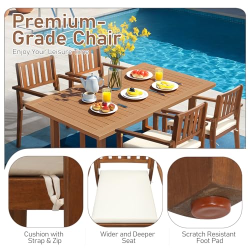 Outvita Stackable Patio Dining Chairs Set of 4, Durable Acacia Wood Outdoor Chairs with Removeable Cushions and Comfortable Armrests for Porch