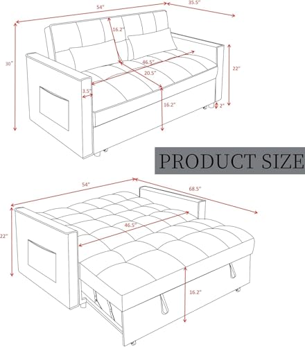 3 in 1 Sleeper Sofa Bed, Futon Sofa Bed for Living Room with Side Pocket, Black Sleepers Sofa Couch with Pullout Bed