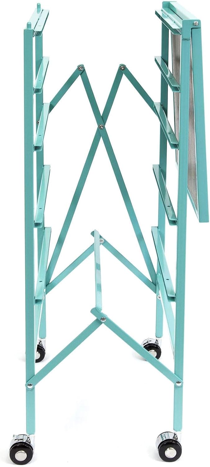 Origami Wheeled Folding Steel 5 Drawer Storage Kitchen Cart Wood Top, Turquoise