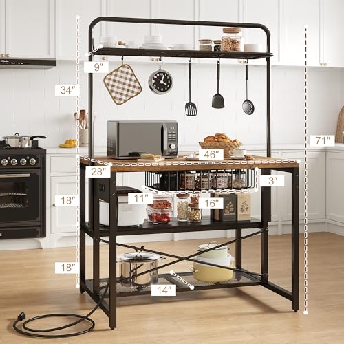 46" Large Kitchen Island Table Baker Rack with Power Outlet and 3-Tier Storage-Microwave Stand Oven Shelf, Metal Coffee Bar Table