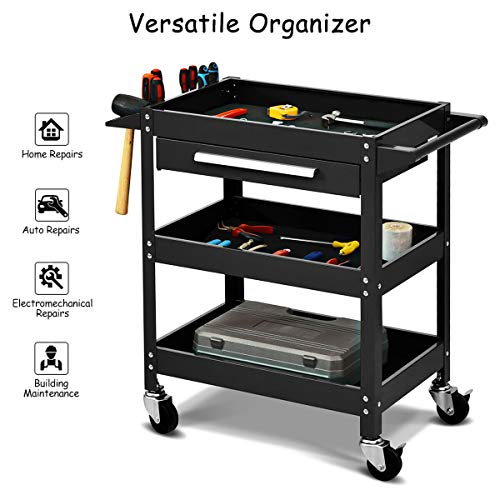 Goplus 3 Tier Rolling Tool Cart, 330 LBS Capacity Heavy Duty Utility Cart Tool Organizer with Storage Drawer