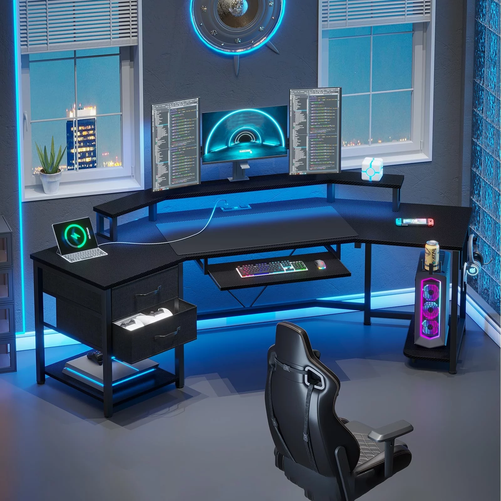 79" Gaming Desk with LED Lights&Power Strip&2 Fabric Drawers, Modern L Shaped Computer Desk for Home Office with Storage Shelf&Keyboard Tray, Black