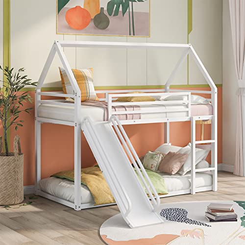 Kids Twin Over Twin Bunk Beds with Slide and Trundle, Solid Wood Bunk Bed Frame with Stairs and Storage