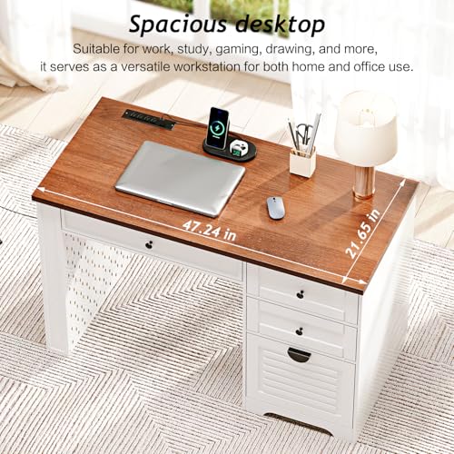 59" Home Office Desks, Executive Desk, Farmhouse Computer Desk with 7 Drawers and Charging Station, File Drawer, Rustic Computer Writing Desk