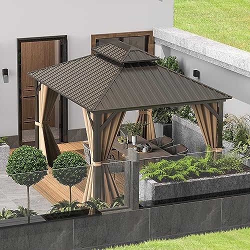 Domi 10’ x 10’ Hardtop Gazebo Metal Frame Canopy with Netting & Curtains