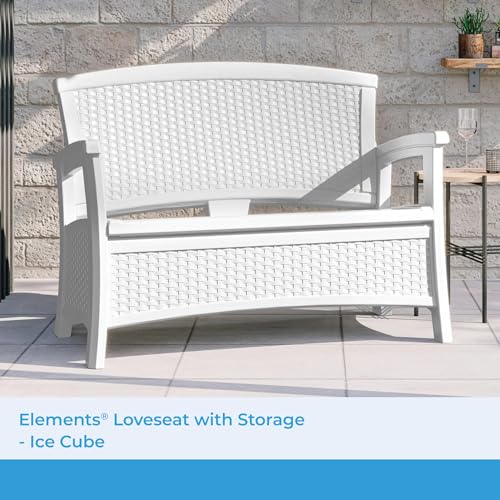 Suncast Elements Stylish Lightweight Loveseat Outdoor Seating with Convenient Built In Universal Storage, and All Weather Plastic, White