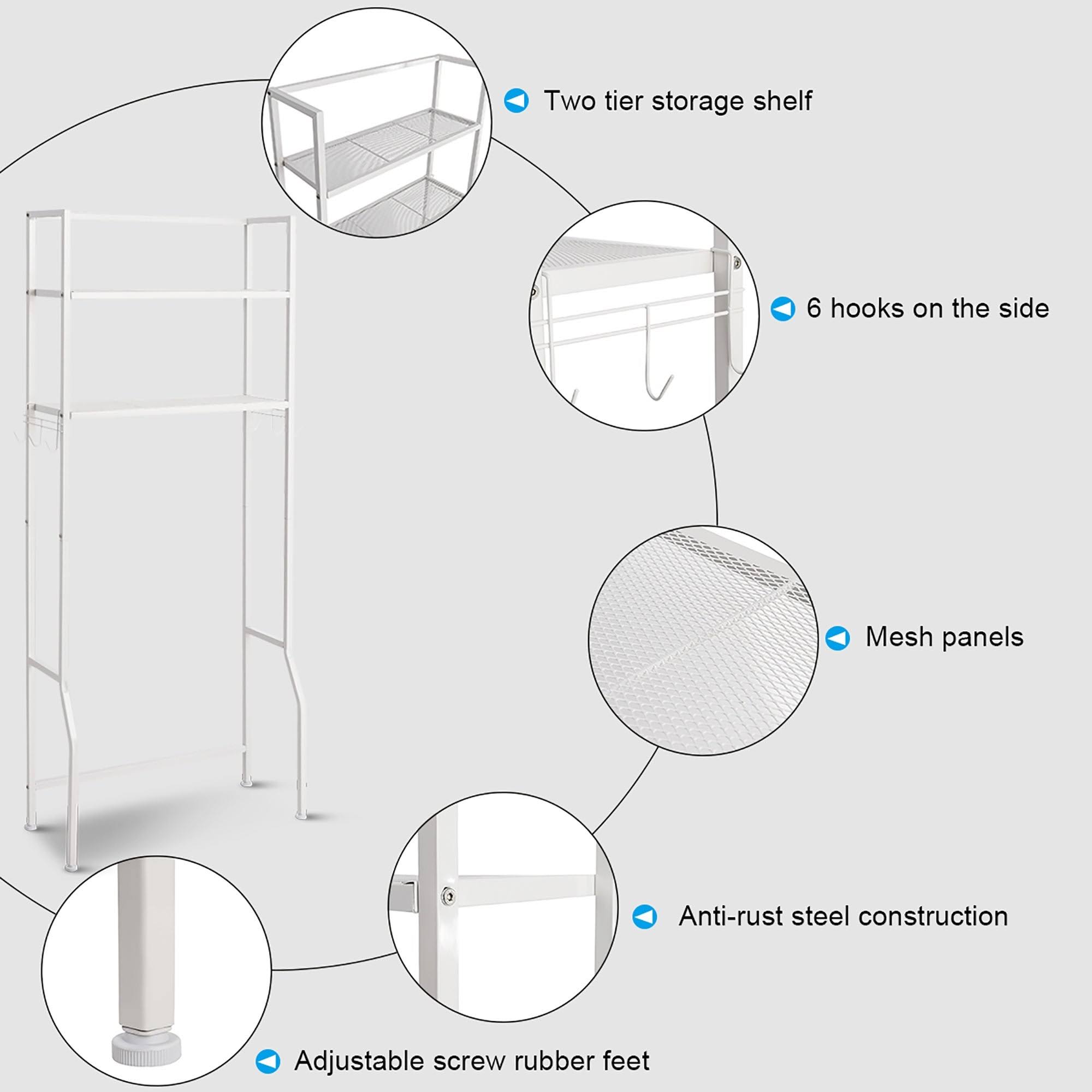 Over-the-Toilet Storage Bathroom Shelf with 2 Tier Rack - Oak Finish - White