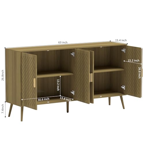 Wood Sideboard Buffet Cabinet with Storage, 4 Doors, Adjustable Shelves, TV Stand or Coffee Bar for Kitchen, Dining Room, Living Room