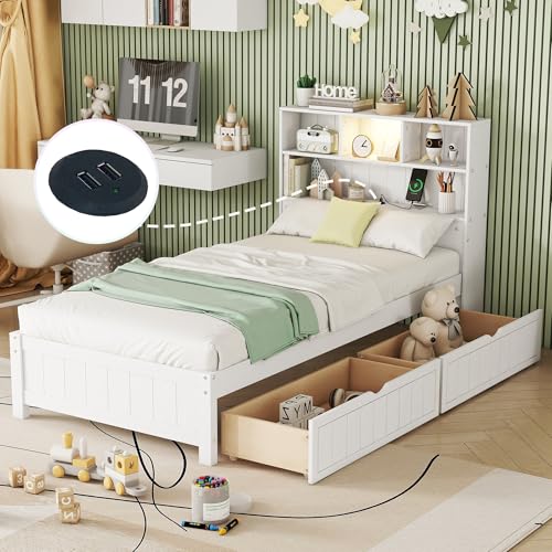 Twin Size Platform Bed with Bookcase Headboard, USB Charging Station and Downlight,Wood Twin Capatain Bed Frames with 2 Storage Drawers