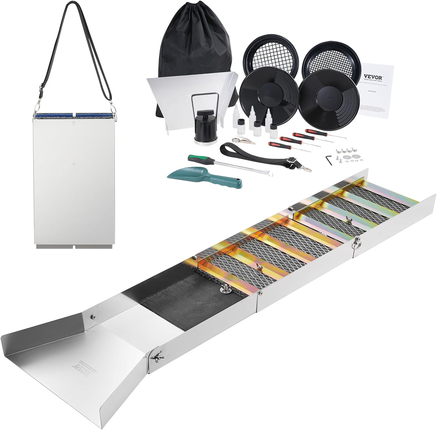 VEVOR Complete Sluice Box Gold Panning Kit, 50" Folding Aluminum Alloy Gold Mining Equipment, 23 PCS Gold Prospecting Kit with Gold Pan